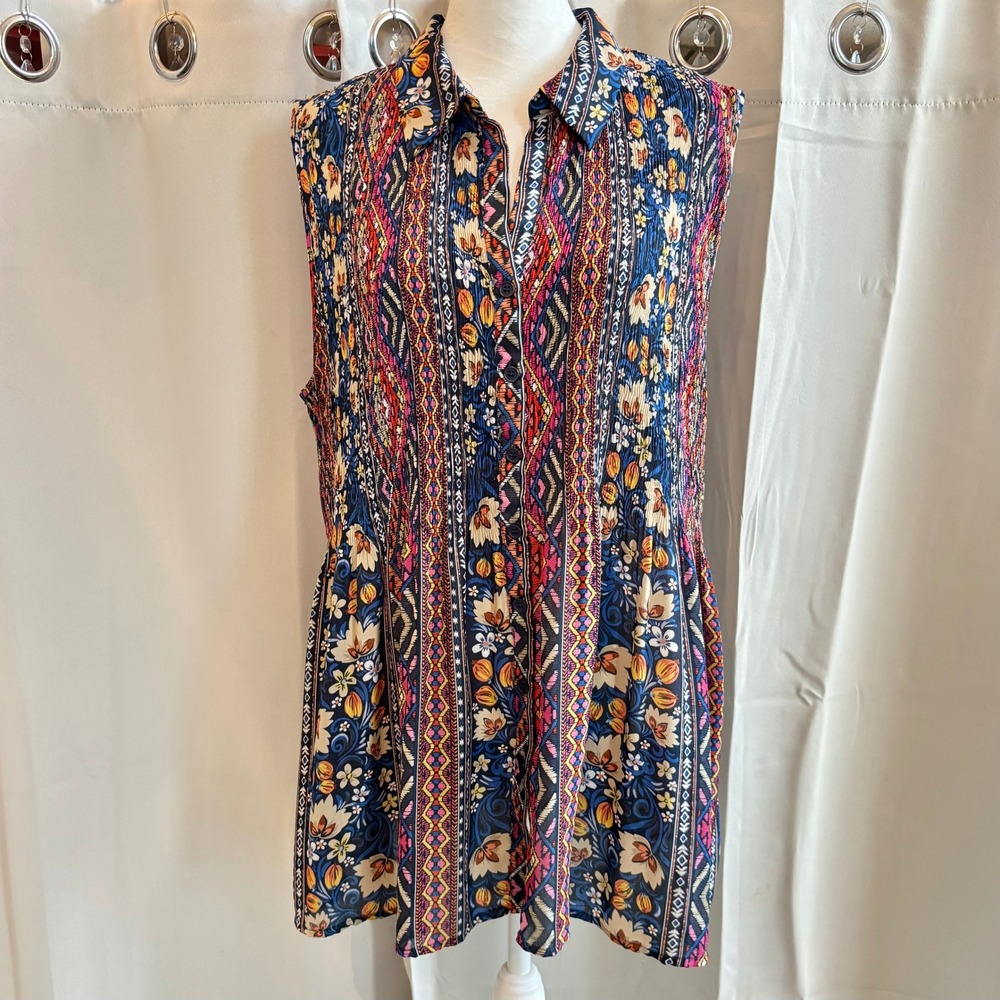 Spense Womens Top Geometric Pleated Button 2X Floral Tribal Boho Western 20020